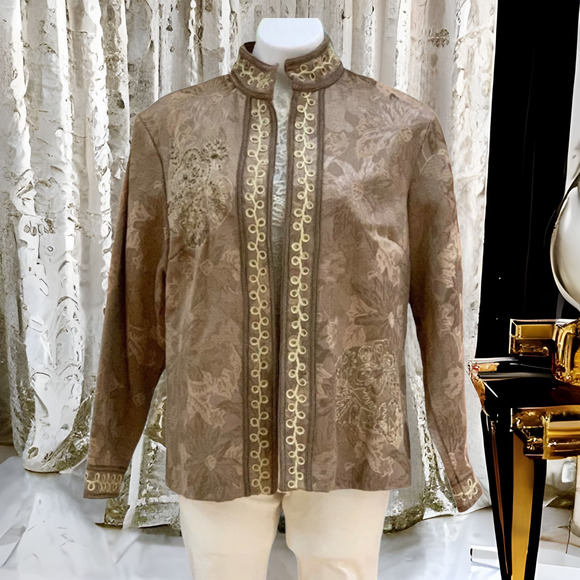 Coldwater Creek Jackets & Blazers - Coldwater Creek Satin Floral Brocade Open Front Blazer in Tan Size Large Petite
